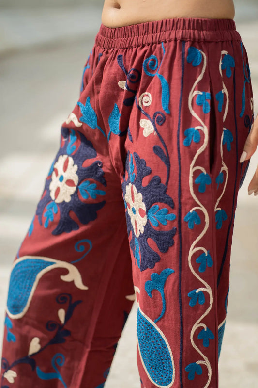 Cotton Suzani Embroidery Women Pajama | Hand Embroidered Floral Hippie Pant | Handcrafted Boho Loungewear Trouser One Size | Gift for Her