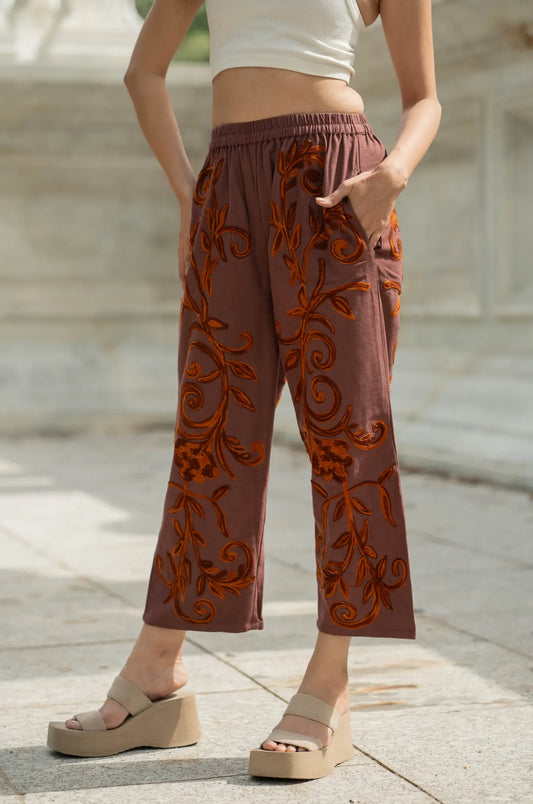 Cotton Suzani Embroidery Women Pajama | Hand Embroidered Floral Hippie Pant | Handcrafted Boho Loungewear Trouser One Size | Gift for Her