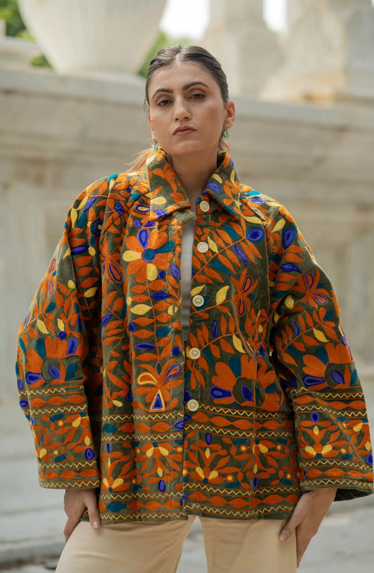 Velvet Suzani Embroidered Short Jacket | Autumn Winter Boho Gypsy | Artisan Hand Crafted Luxury Gift For Her | Olive Green Orange Outerwear
