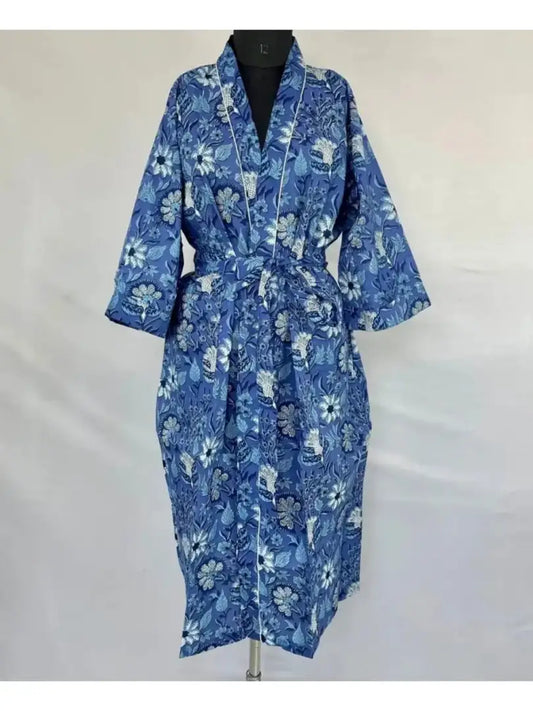Boho Haus Robe Sommer Kimono Reine Baumwolle Indien Handblock, Ihr Jahrestagsgeschenk Strandüberwurf/Bequemer Schwangerschafts-Mama | Blaue Farbtöne Botanisch