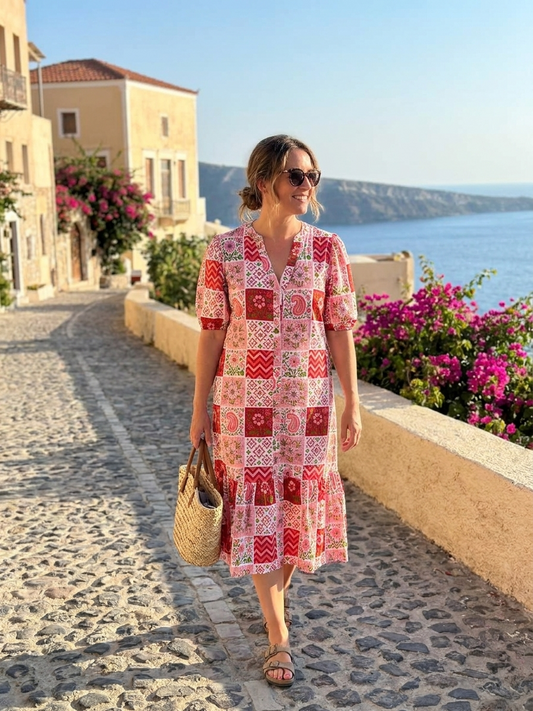 Women’s Cotton Dress | Boho Vacation Tunic Midi V Neck Summer Beach Sundress | Ruffle Patchwork Printed Garden Party Dress | Womens Clothing