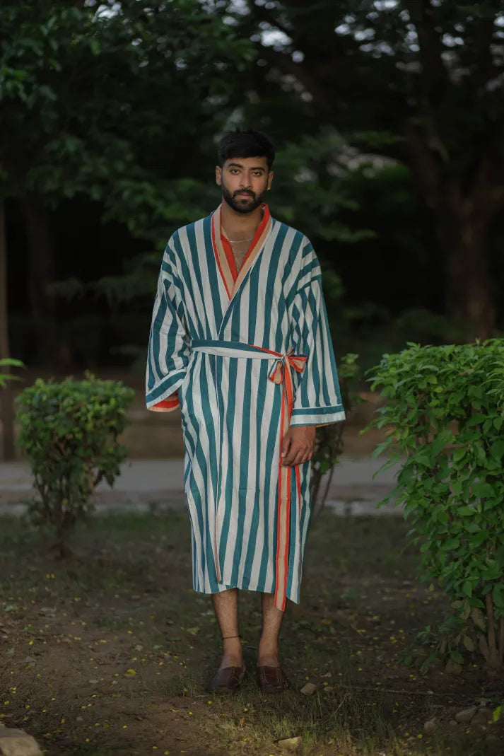 Men's reversible Cotton Kimono Robe in striped with pockets