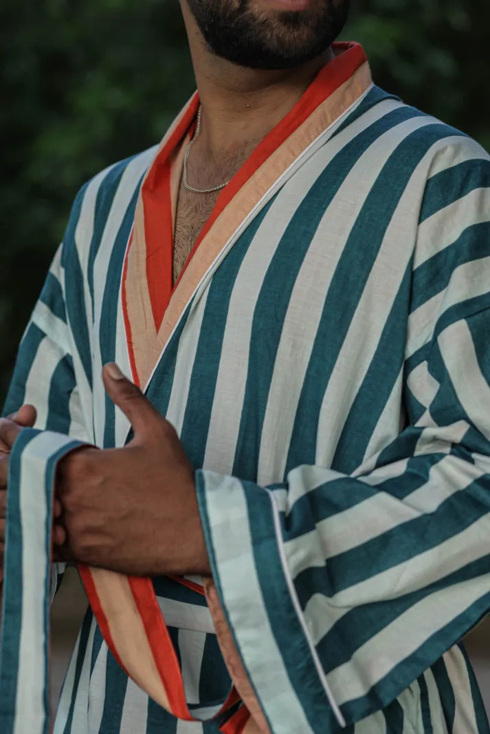 Men's reversible Cotton Kimono Robe in striped with pockets