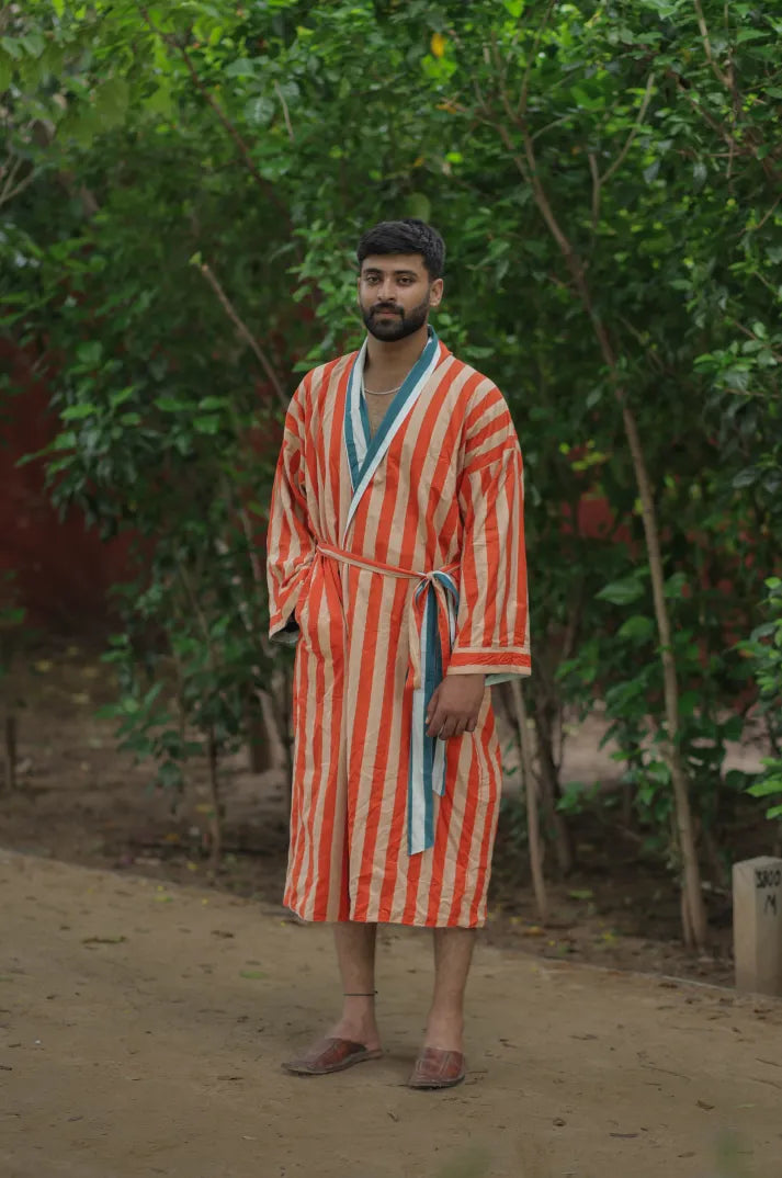 Men's reversible Cotton Kimono Robe in striped with pockets
