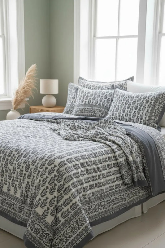 Pure Soft Cotton Bedsheet with Pillow Covers | Hand Block Printed Jaipuri Floral, Queen King Size, Summer Bedspread, Boho Gift Set Decor Art