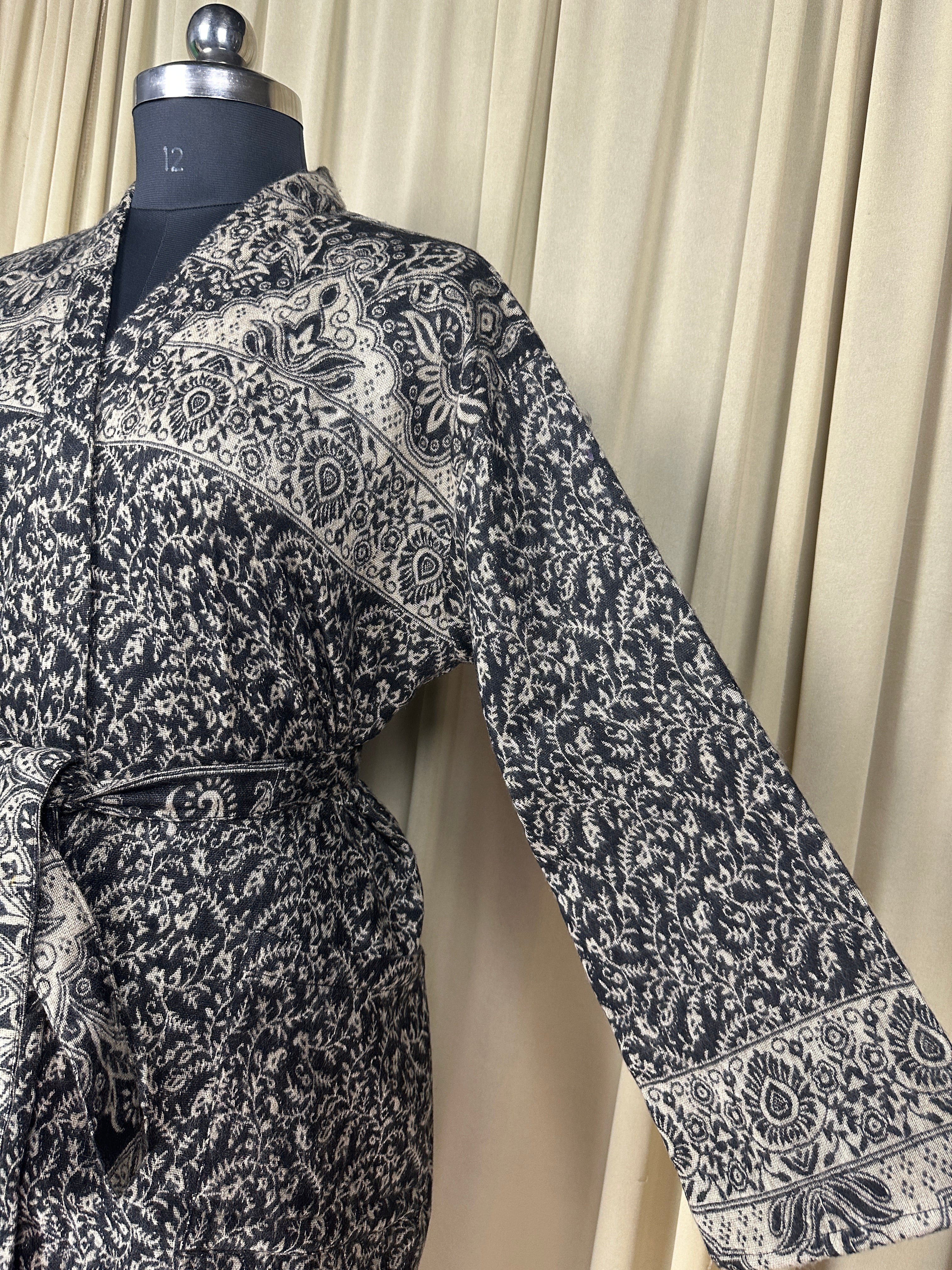 Yak Wool Blend Women Kimono Robe, Cozy Warm Winter Romance Loungewear | Black Floral Cardigan House Coat with Pockets, Quirky Christmas Gift