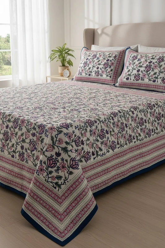 Pure Soft Cotton Bedsheet with Pillow Covers | Hand Block Printed Jaipuri Floral Bedspread Queen King Size Summer Garden Bedding, Mughal Art