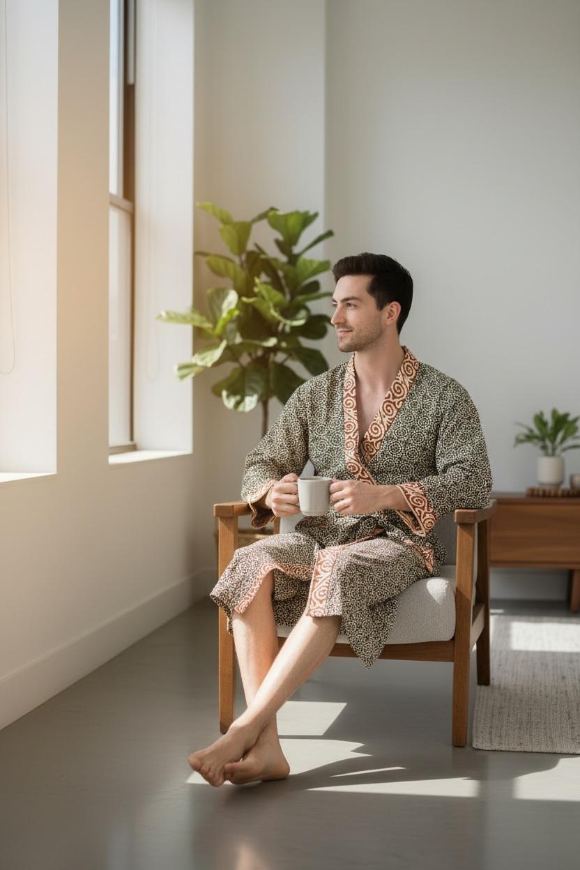 Pure Cotton Handblock Men Kimono | Indian Printed Man House Robe, Boho Beach Coverup Dressing Gown, Lightweight Loungewear, Gift For Him Dad