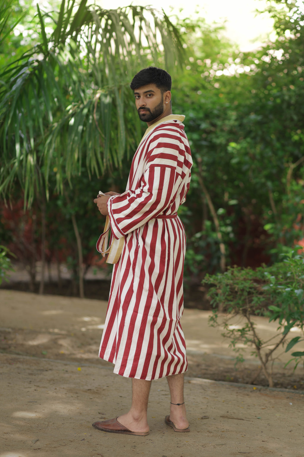 Men's reversible Cotton Kimono Robe in striped with pockets