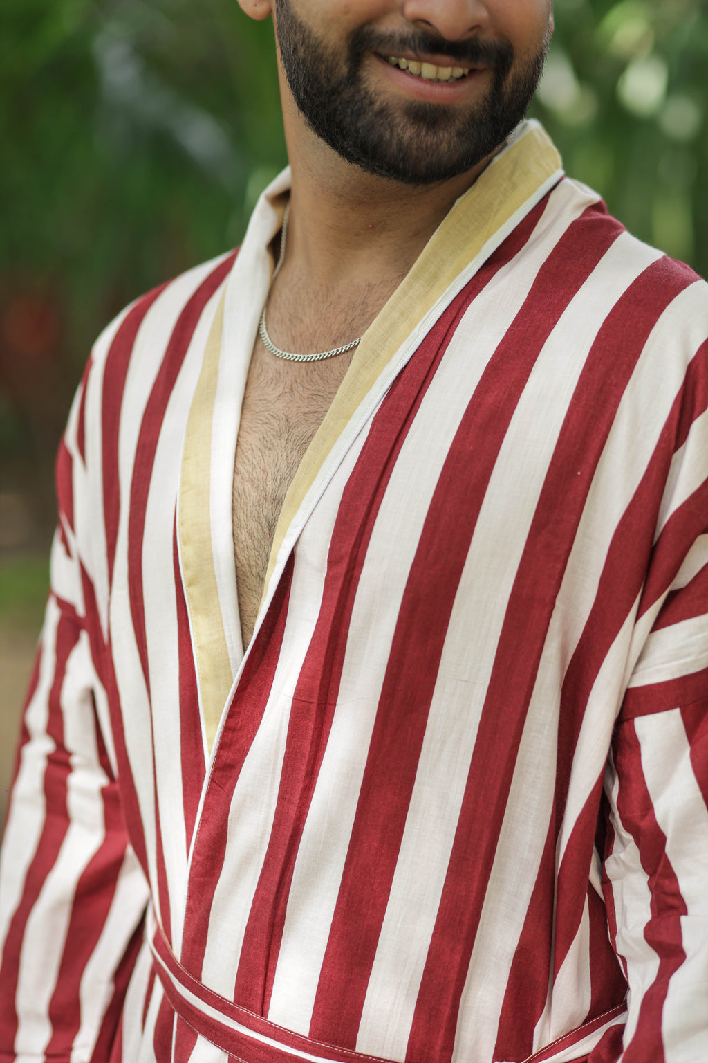 Men's reversible Cotton Kimono Robe in striped with pockets