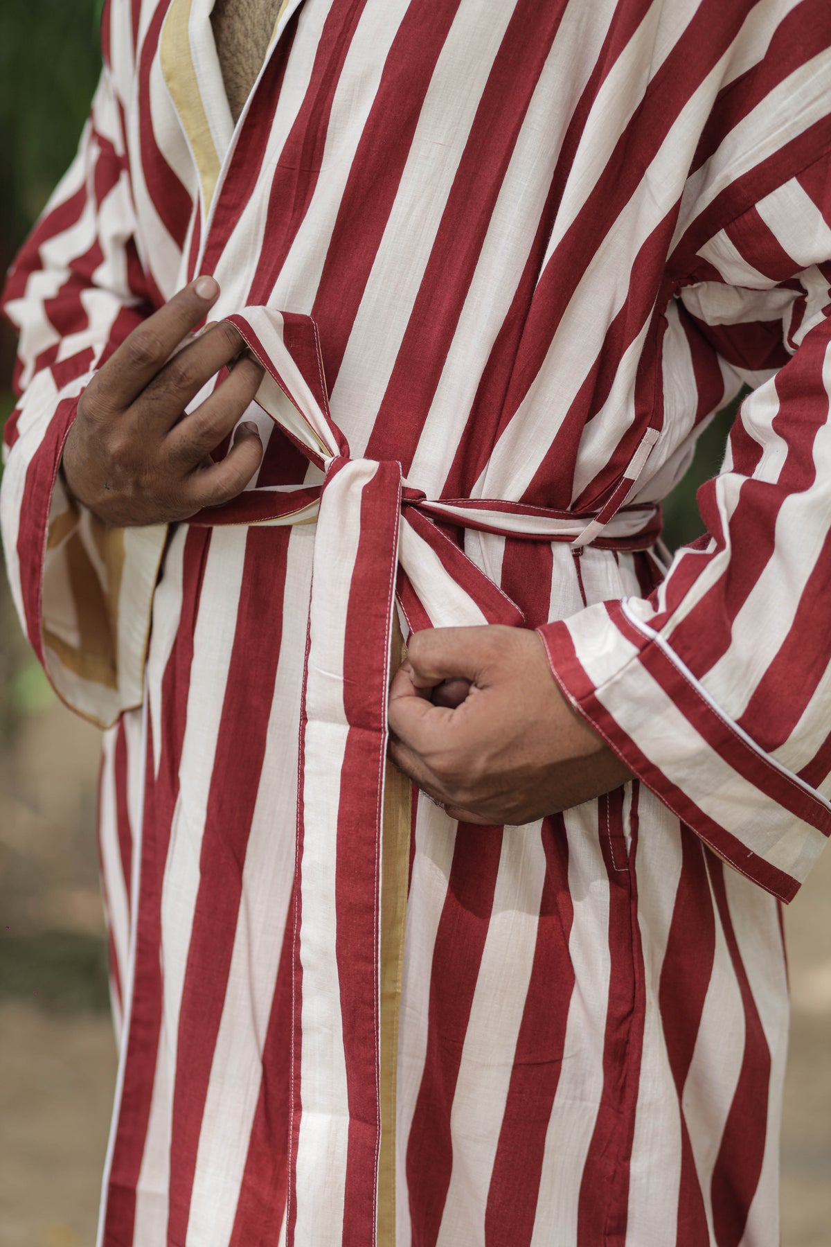 Men's reversible Cotton Kimono Robe in striped with pockets