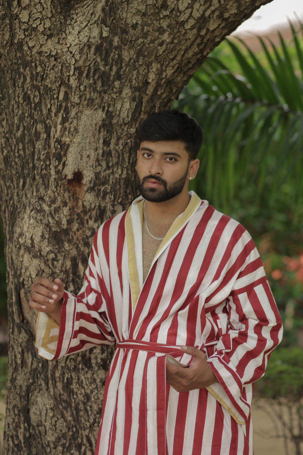 Men's reversible Cotton Kimono Robe in striped with pockets