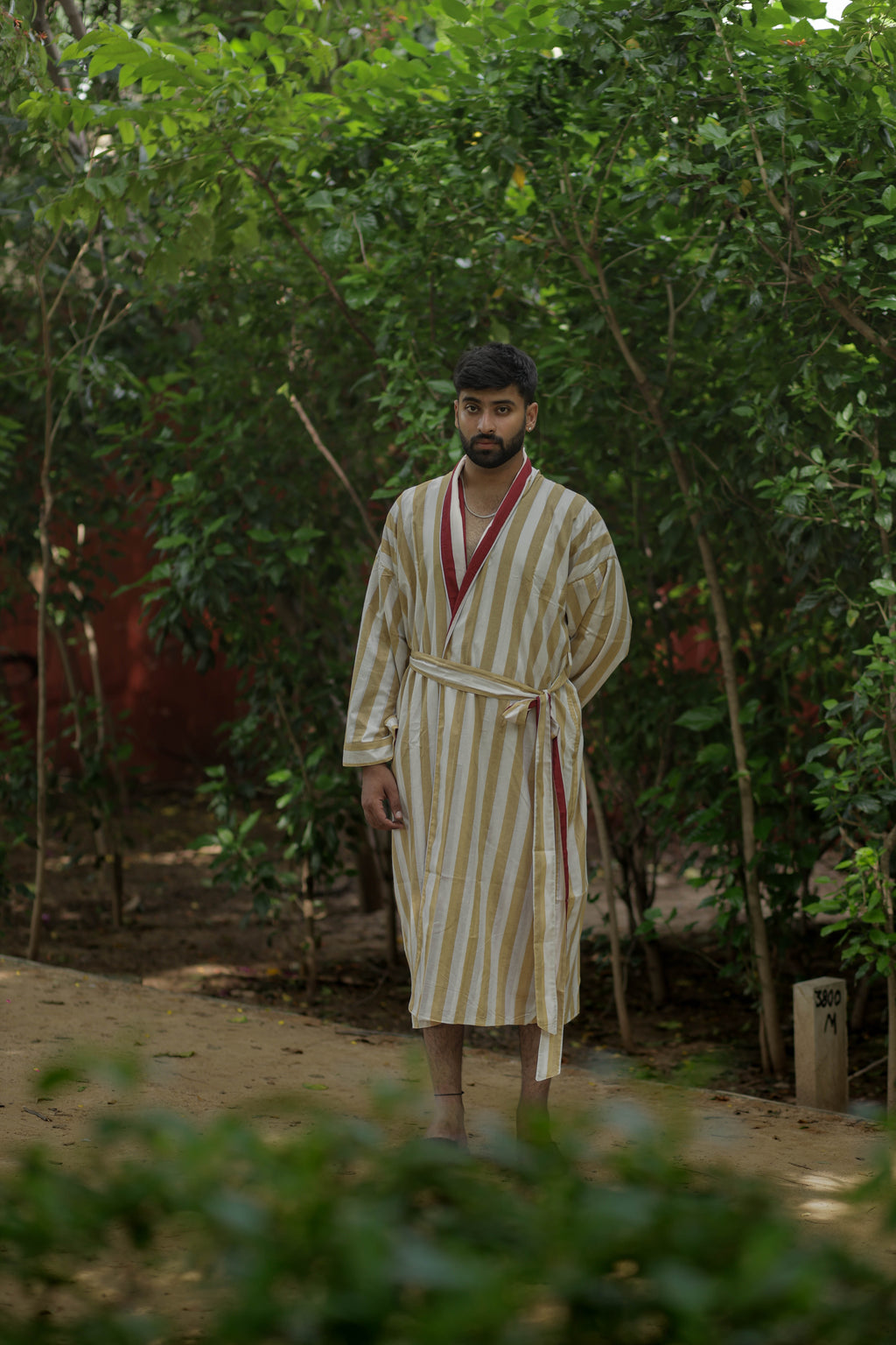 Men's reversible Cotton Kimono Robe in striped with pockets