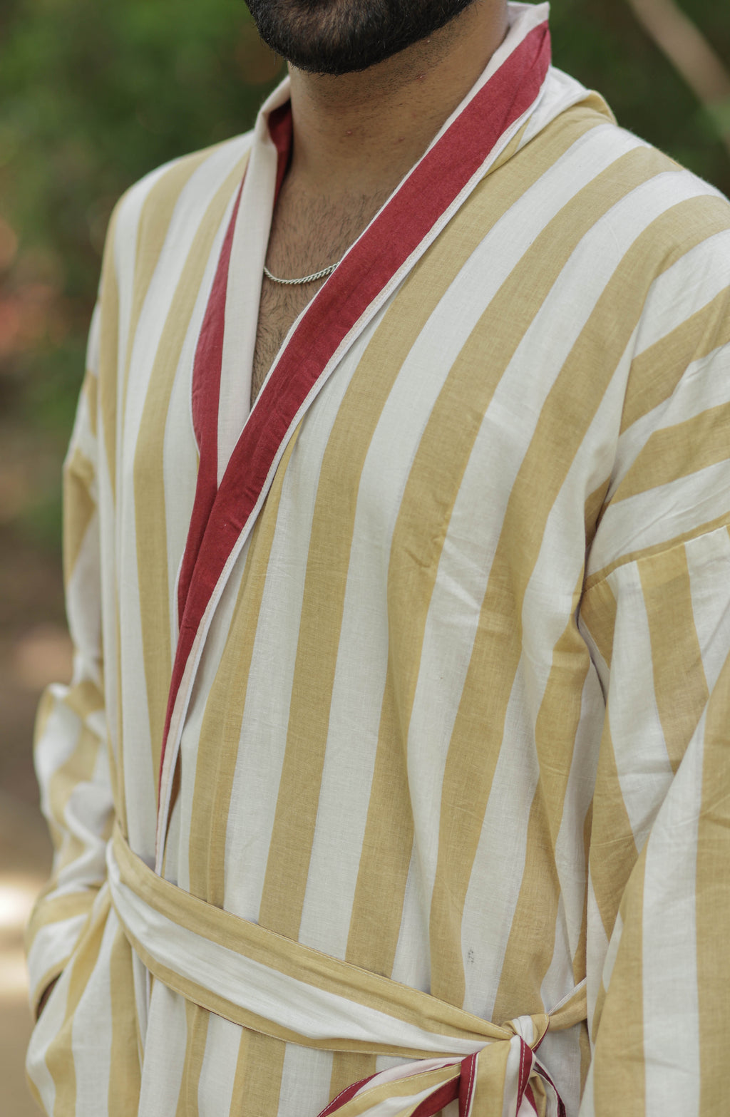 Men's reversible Cotton Kimono Robe in striped with pockets