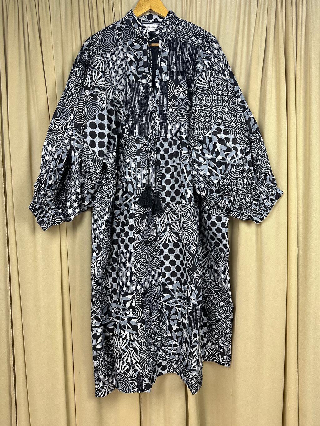 block-printed Cotton Patchwork Dress in black
