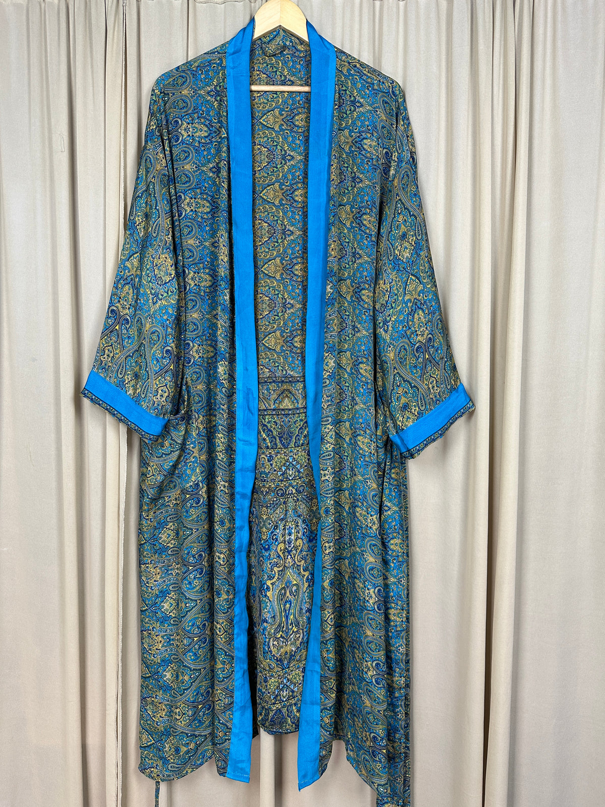 Recycle Silk Sari Women Kimono | Boho Chic Beach Cover Up Vintage Lounge Dressing Robe | Resort Wear Regal Gypsy House Robe, Blue Paisley