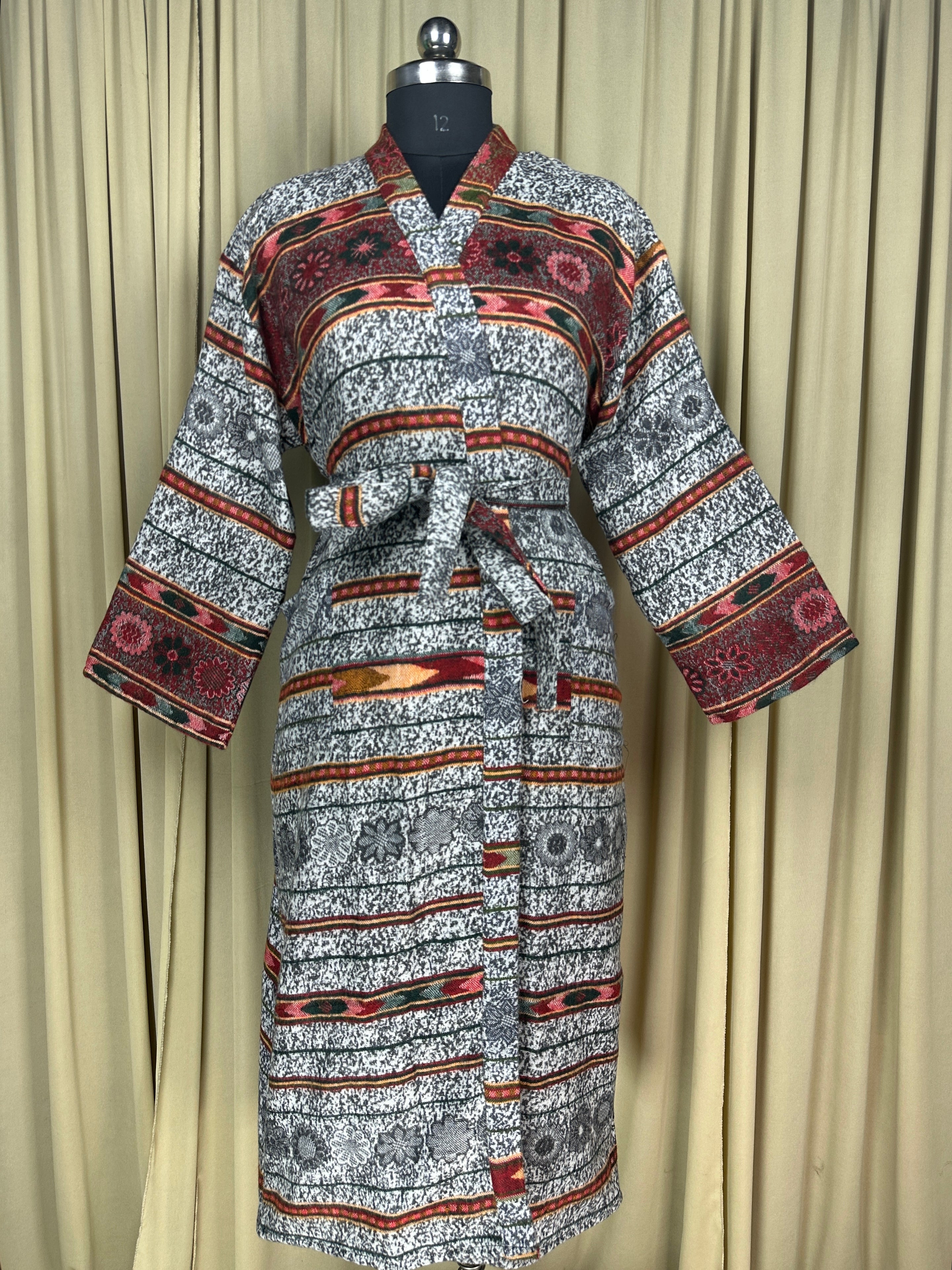 Yak Wool Blend Women Kimono Robe | Cozy Warm Winter Romance Loungewear, White Stripe Cardigan House Coat with Pockets, Quirky Christmas Gift
