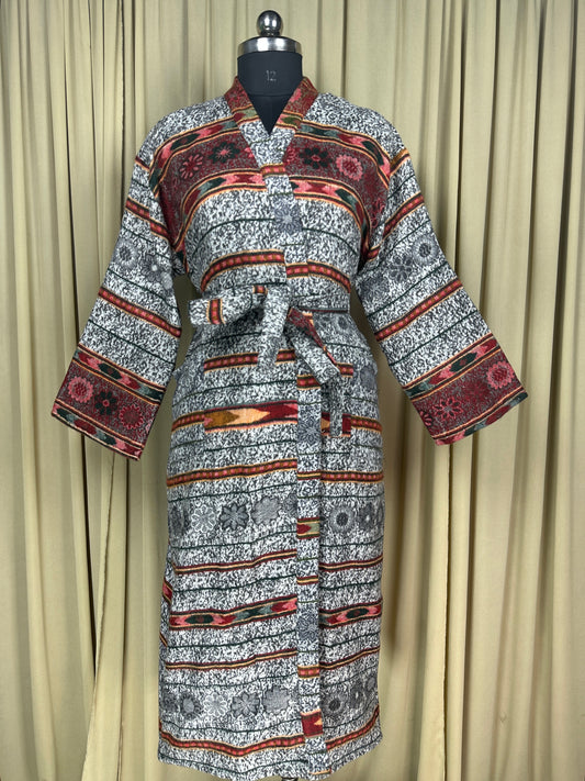 Yak Wool Blend Women Kimono Robe | Cozy Warm Winter Romance Loungewear, White Stripe Cardigan House Coat with Pockets, Quirky Christmas Gift