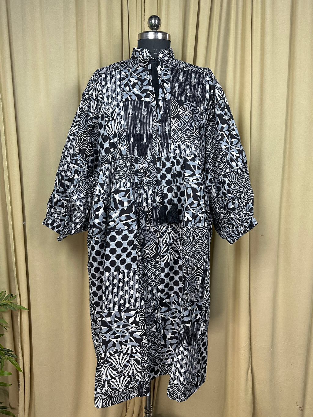 block-printed Cotton Patchwork Dress in black