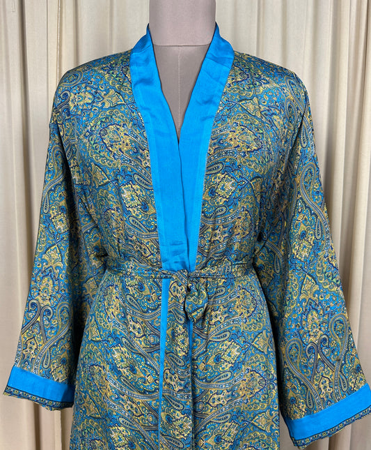 Recycle Silk Sari Women Kimono | Boho Chic Beach Cover Up Vintage Lounge Dressing Robe | Resort Wear Regal Gypsy House Robe, Blue Paisley