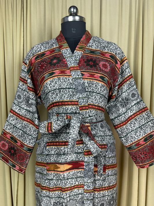 Yak Wool Blend Women Kimono Robe | Cozy Warm Winter Romance Loungewear, White Stripe Cardigan House Coat with Pockets, Quirky Christmas Gift