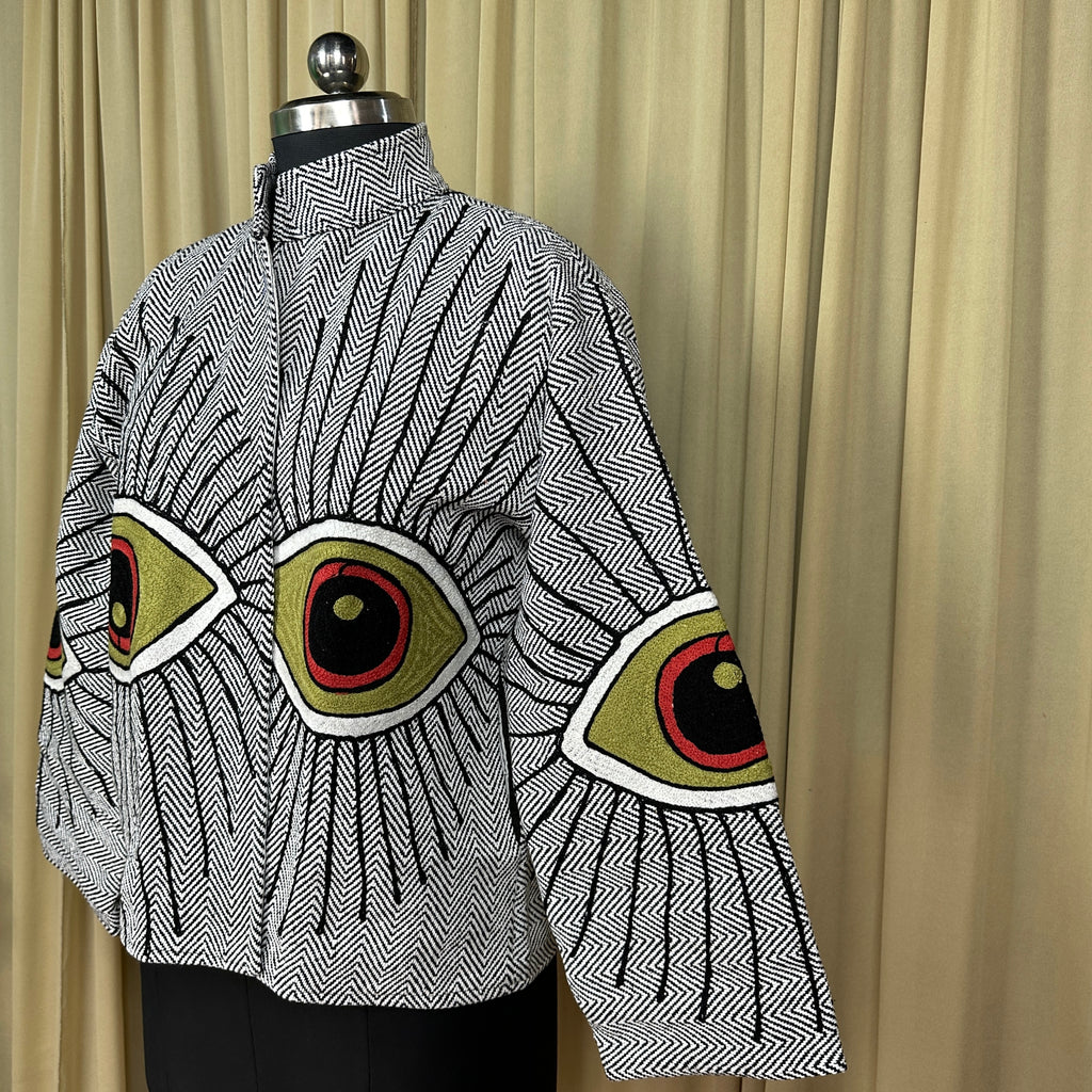 Women's Suzani embroidered Cotton Jacket in white geometric