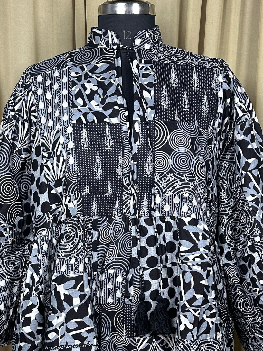 block-printed Cotton Patchwork Dress in black