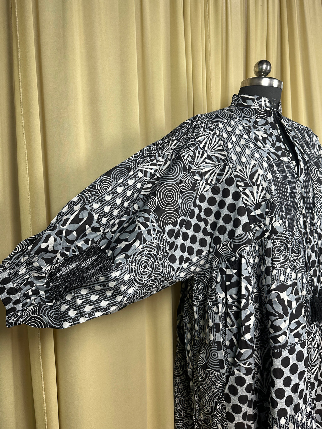 block-printed Cotton Patchwork Dress in black