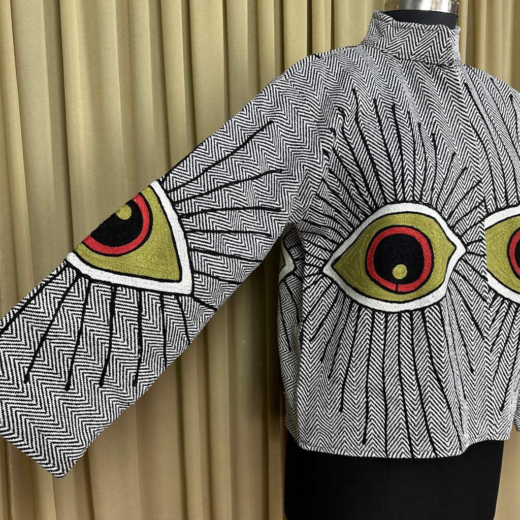 Women's Suzani embroidered Cotton Jacket in white geometric