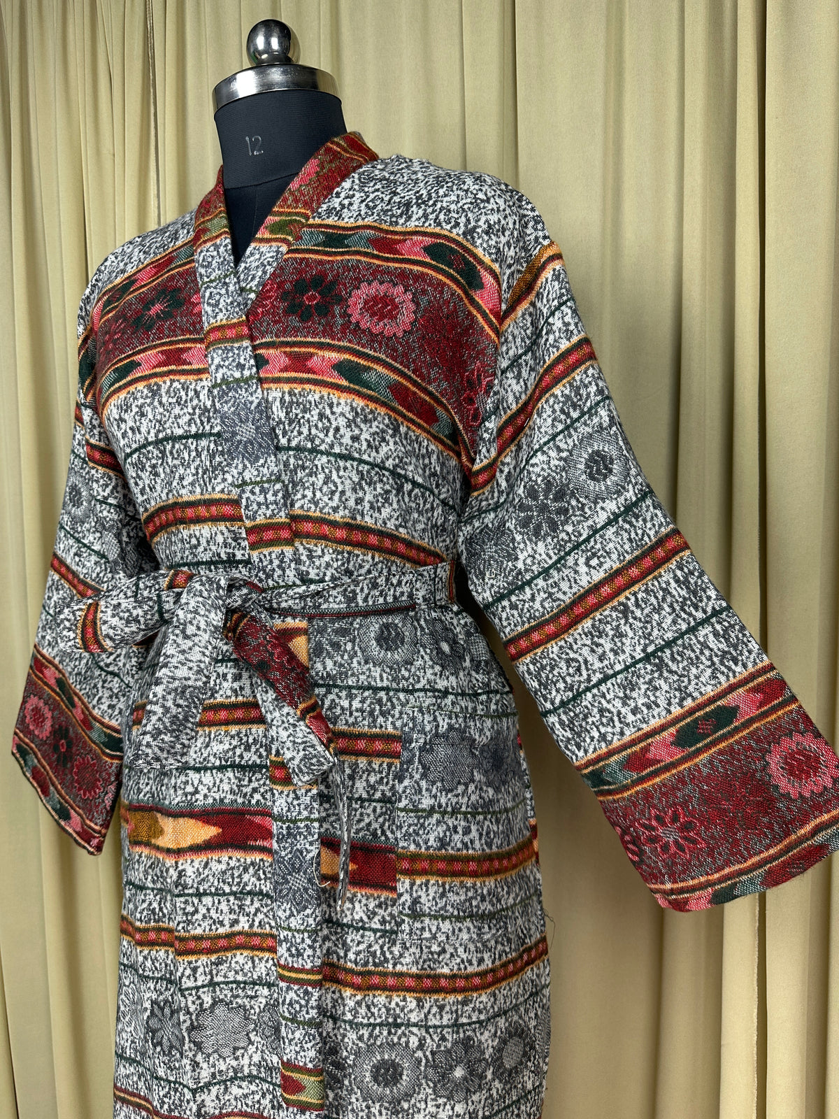 Yak Wool Blend Women Kimono Robe | Cozy Warm Winter Romance Loungewear, White Stripe Cardigan House Coat with Pockets, Quirky Christmas Gift
