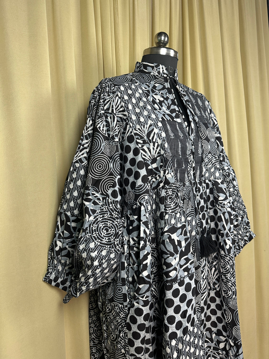 block-printed Cotton Patchwork Dress in black