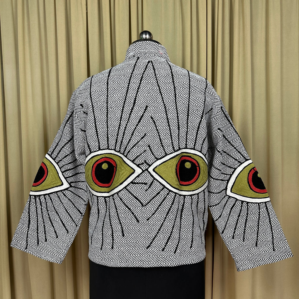 Women's Suzani embroidered Cotton Jacket in white geometric