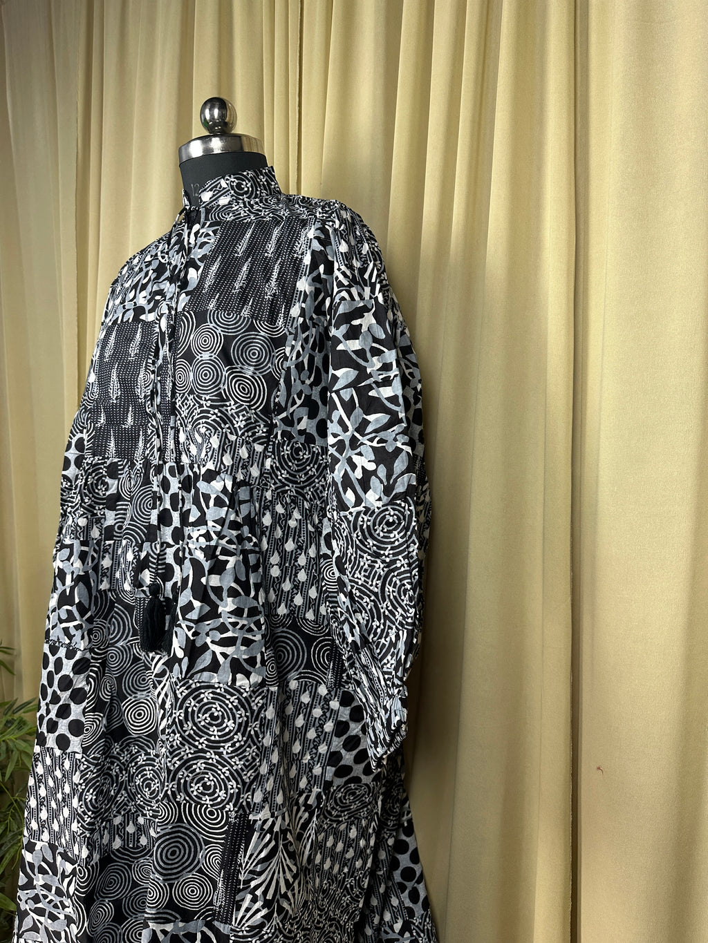block-printed Cotton Patchwork Dress in black