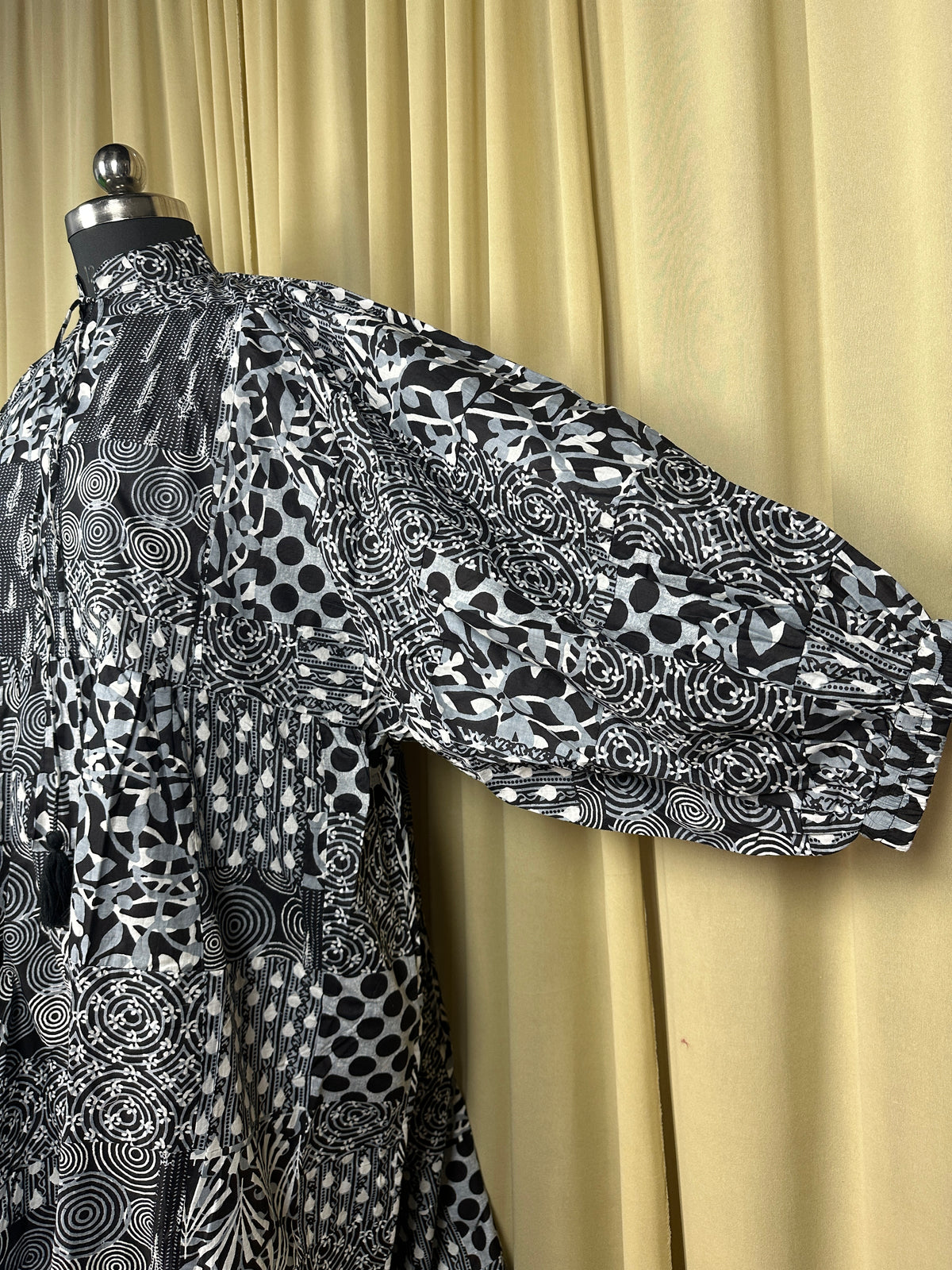 block-printed Cotton Patchwork Dress in black