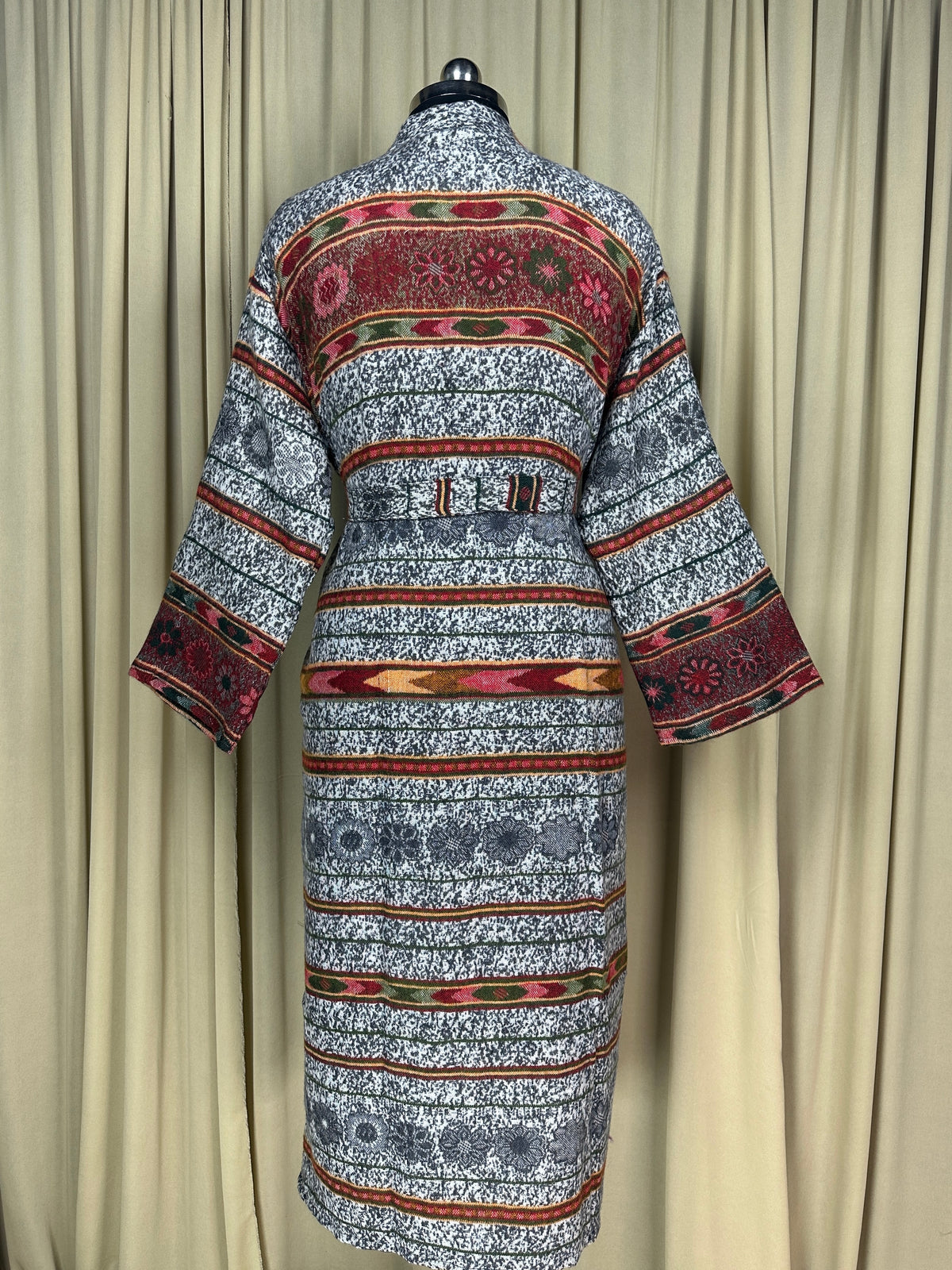 Yak Wool Blend Women Kimono Robe | Cozy Warm Winter Romance Loungewear, White Stripe Cardigan House Coat with Pockets, Quirky Christmas Gift
