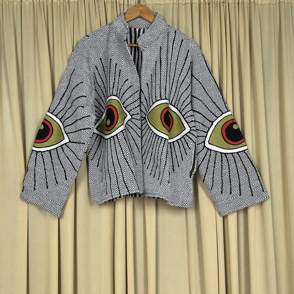 Women's Suzani embroidered Cotton Jacket in white geometric