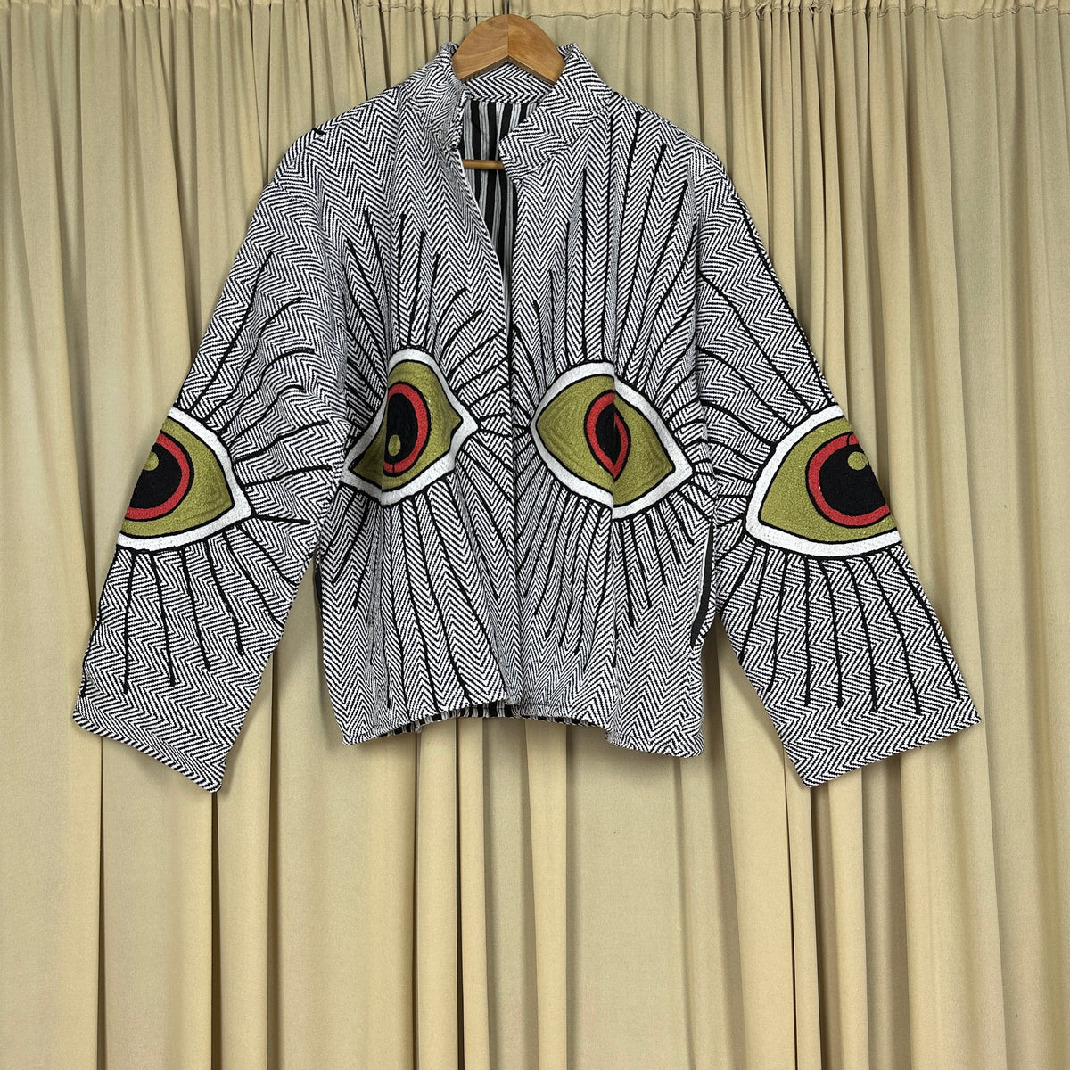 Women's Suzani embroidered Cotton Jacket in white geometric