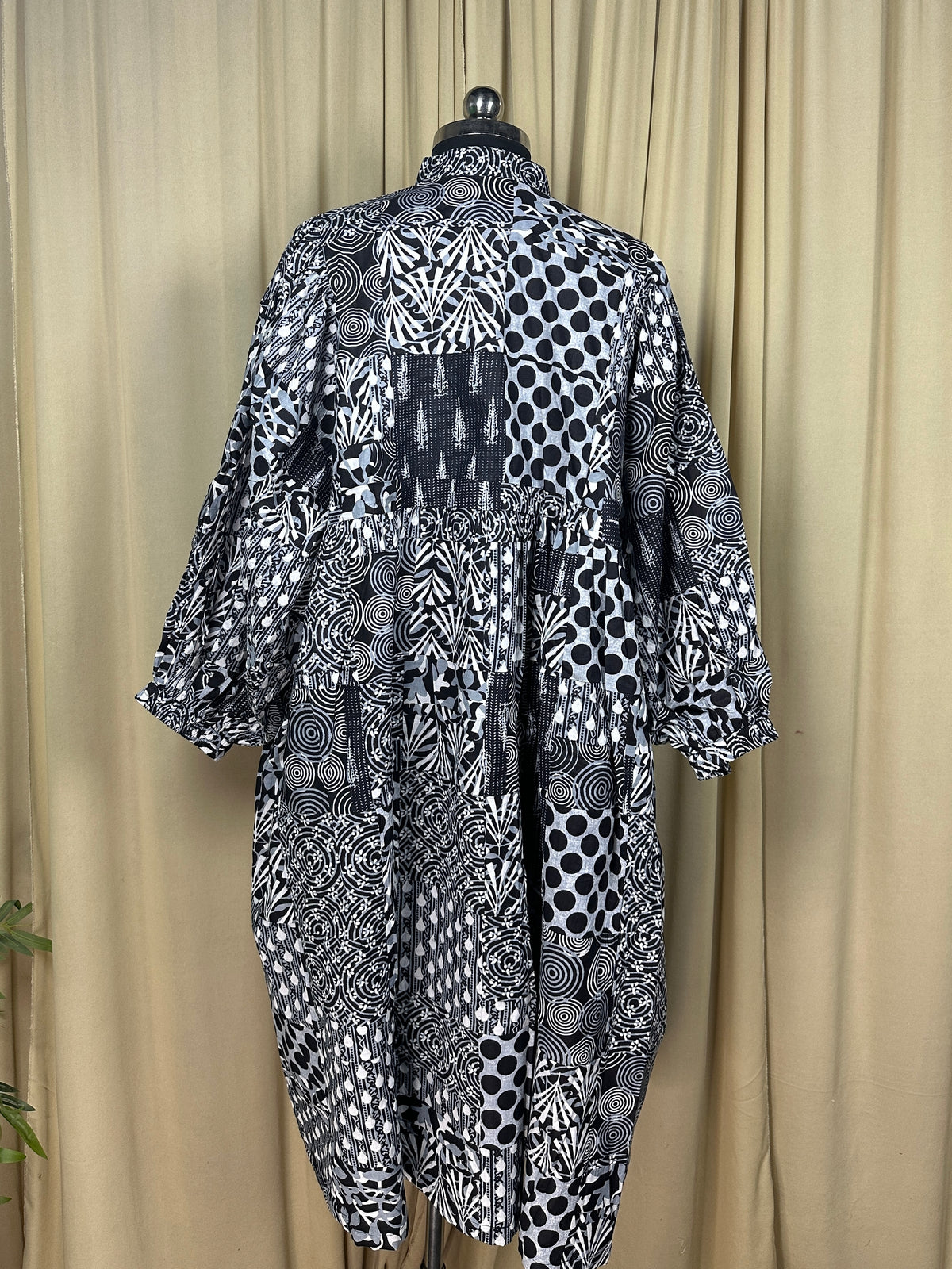 block-printed Cotton Patchwork Dress in black