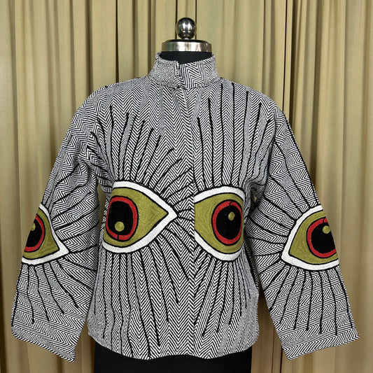 Boho Hand Embroidered Cotton Suzani Jacket | White Geometric Open Front Coat Winter Wear Free Size Retro Chic Free Size Robe Blazer for Her