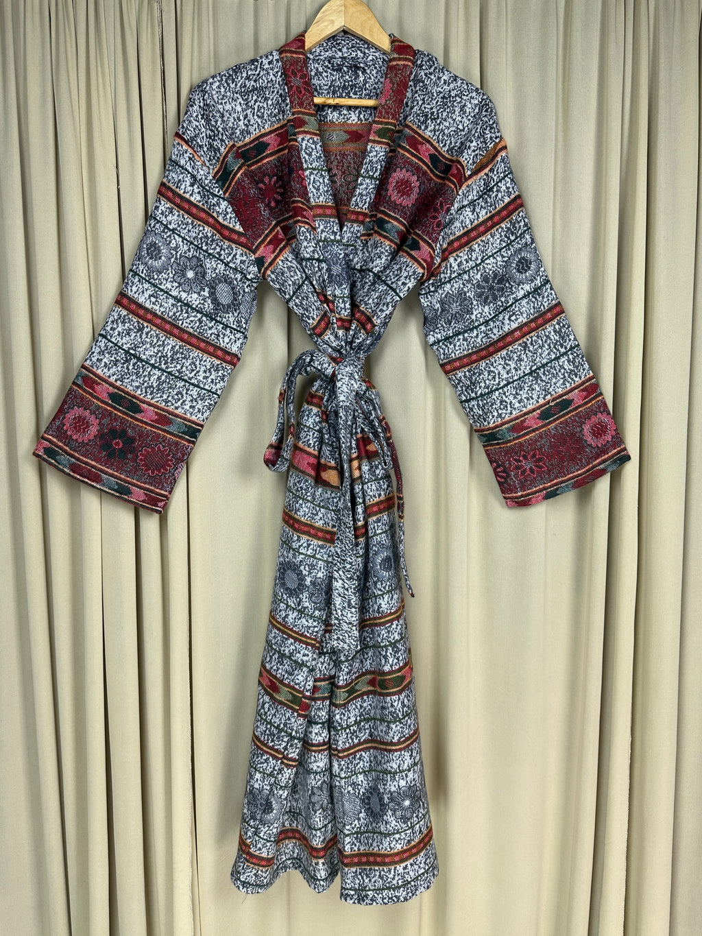 Yak Wool Blend Women Kimono Robe | Cozy Warm Winter Romance Loungewear, White Stripe Cardigan House Coat with Pockets, Quirky Christmas Gift