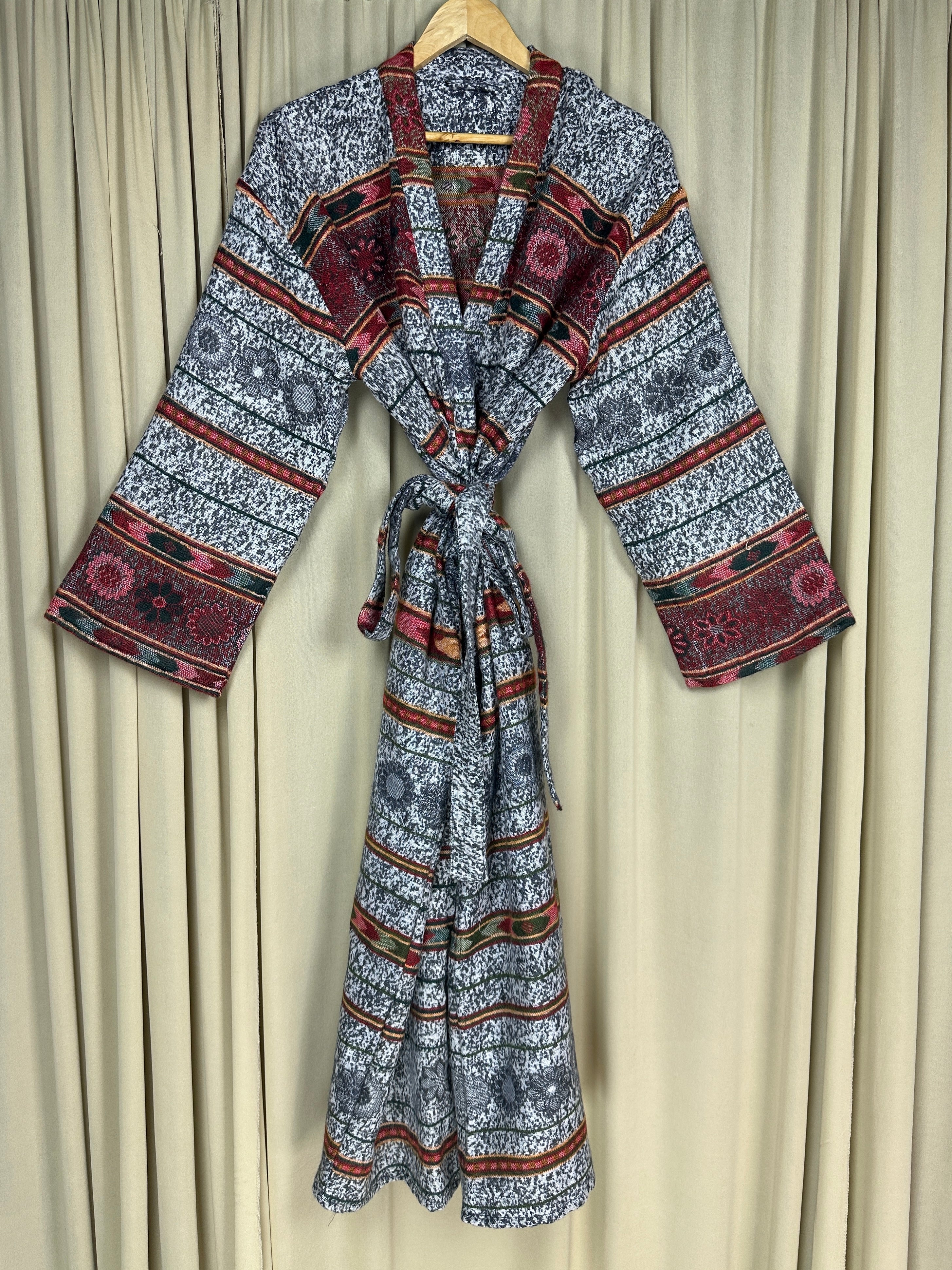 Yak Wool Blend Women Kimono Robe | Cozy Warm Winter Romance Loungewear, White Stripe Cardigan House Coat with Pockets, Quirky Christmas Gift