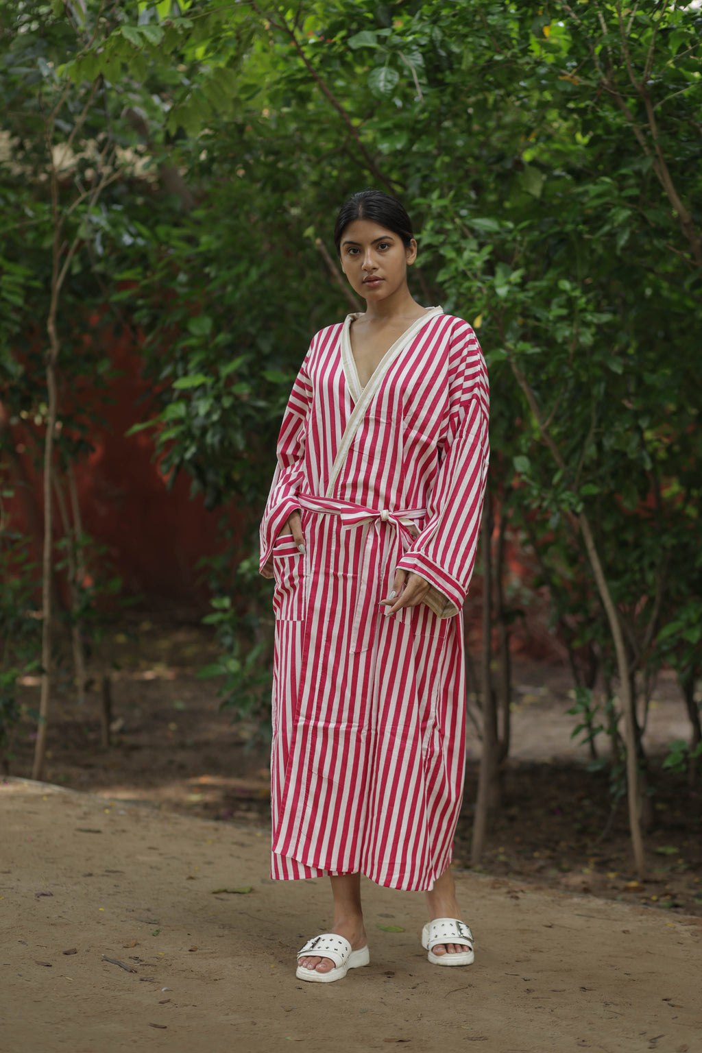 Women's reversible Cotton Kimono Robe in striped with pockets