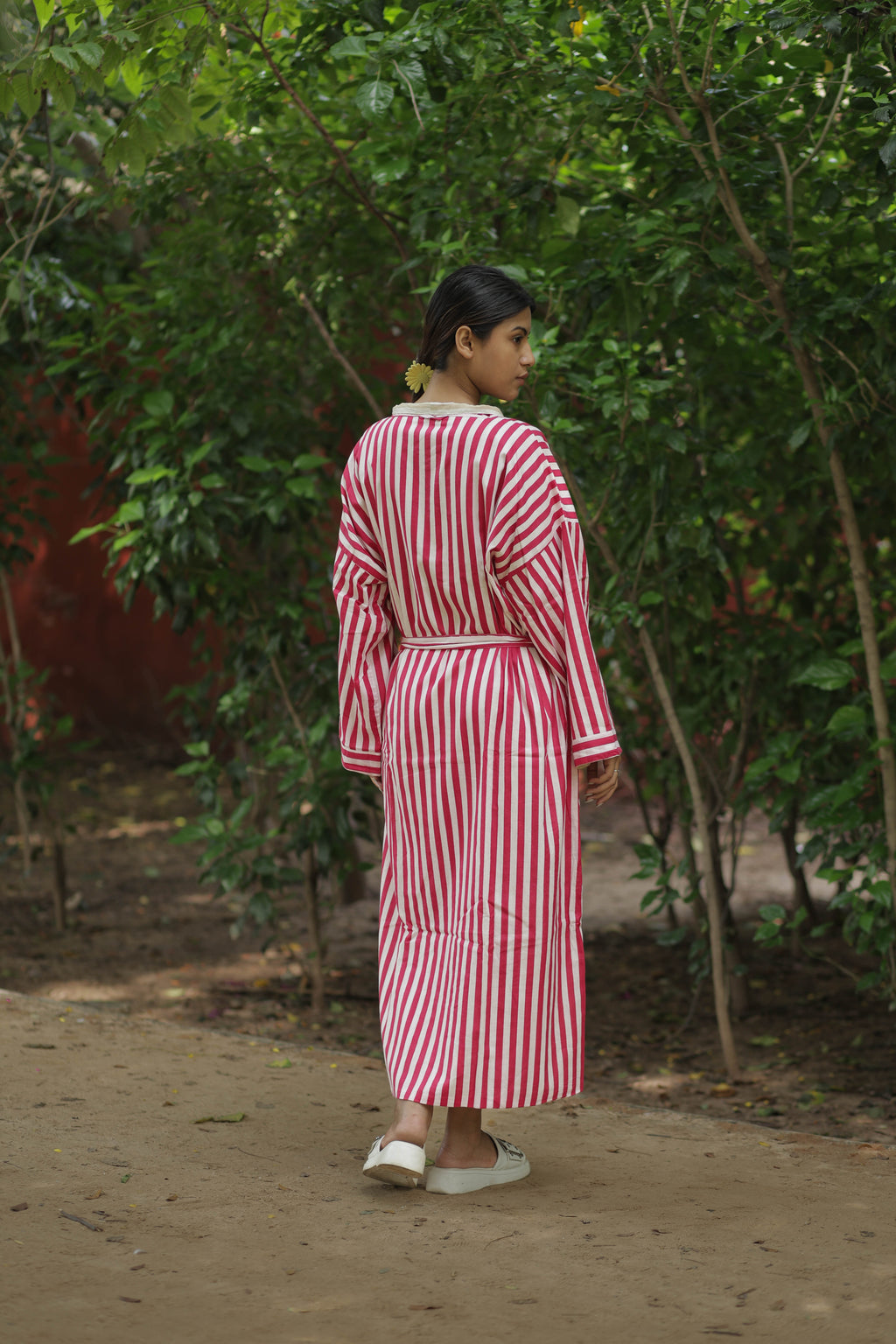 Women's reversible Cotton Kimono Robe in striped with pockets