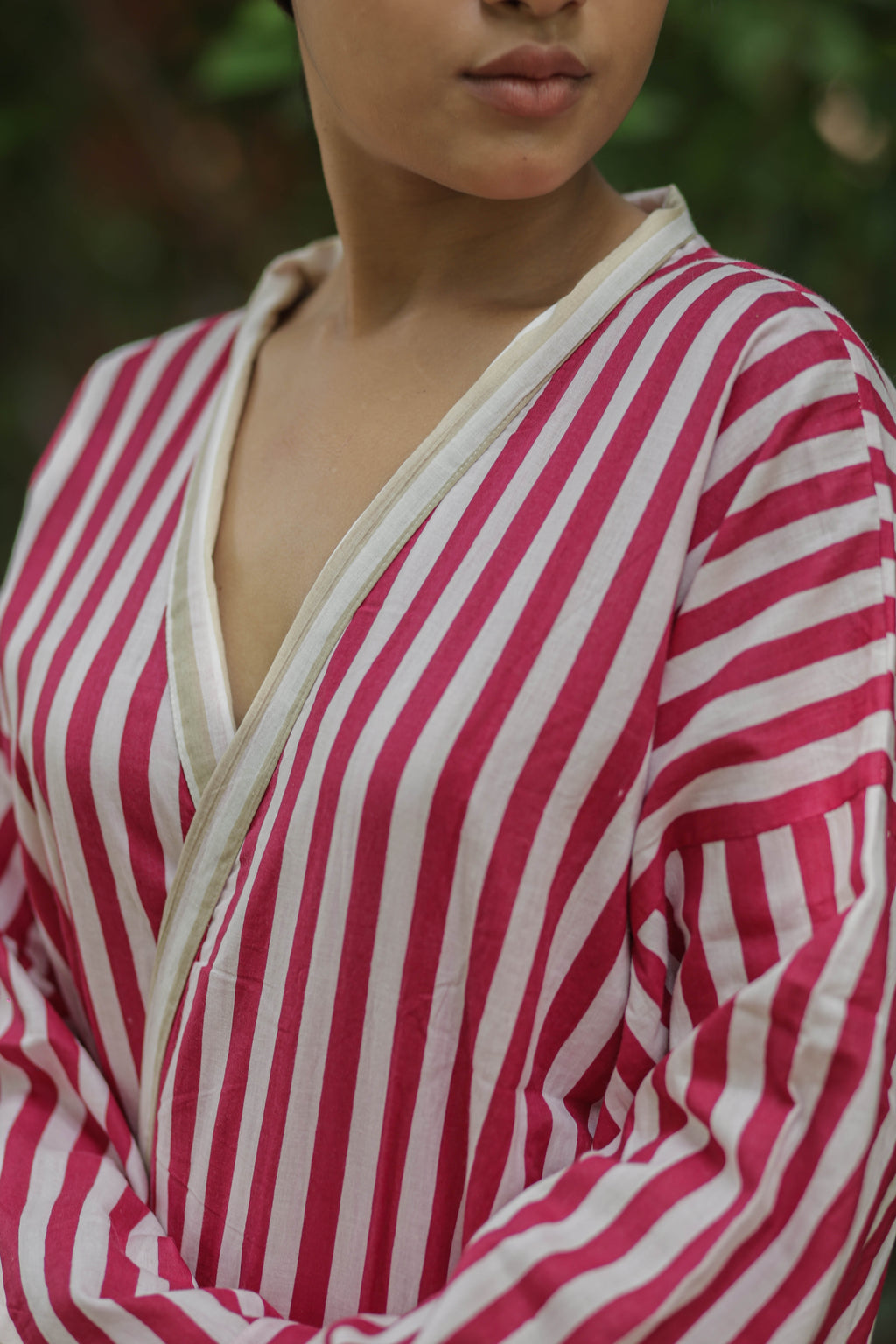 Women's reversible Cotton Kimono Robe in striped with pockets
