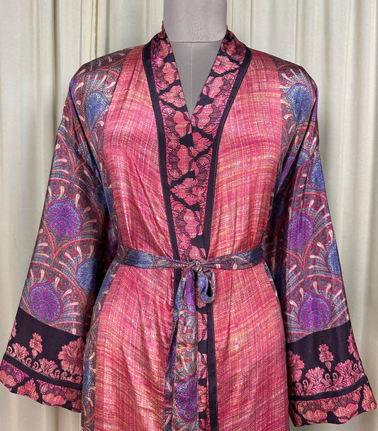 Recycle Silk Sari Women Kimono | Boho Chic Beach Cover Up Vintage Lounge Dressing Robe | Resort Wear Regal Gypsy House Robe, Red Floral