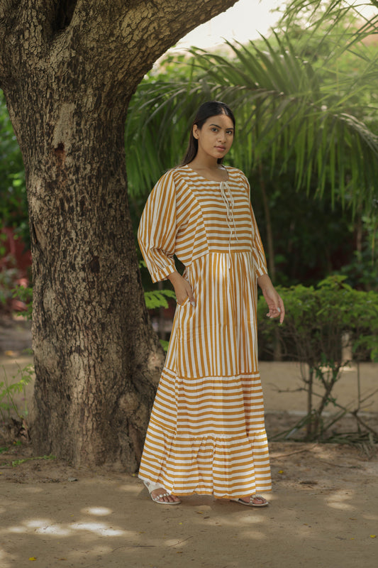 Women Cotton Maxi Dress, Hand Block Printed Stripes Dress, Boho Chic Flowy Gown, Long Sleeves With Pockets, Flowy Sustainable Gift For Her