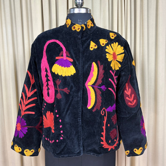Boho Hand Embroidered Velvet Suzani Jacket, Black Floral Open Front Coat Winter Wear Free Size Robe Retro Chic Free Size Robe Blazer for Her