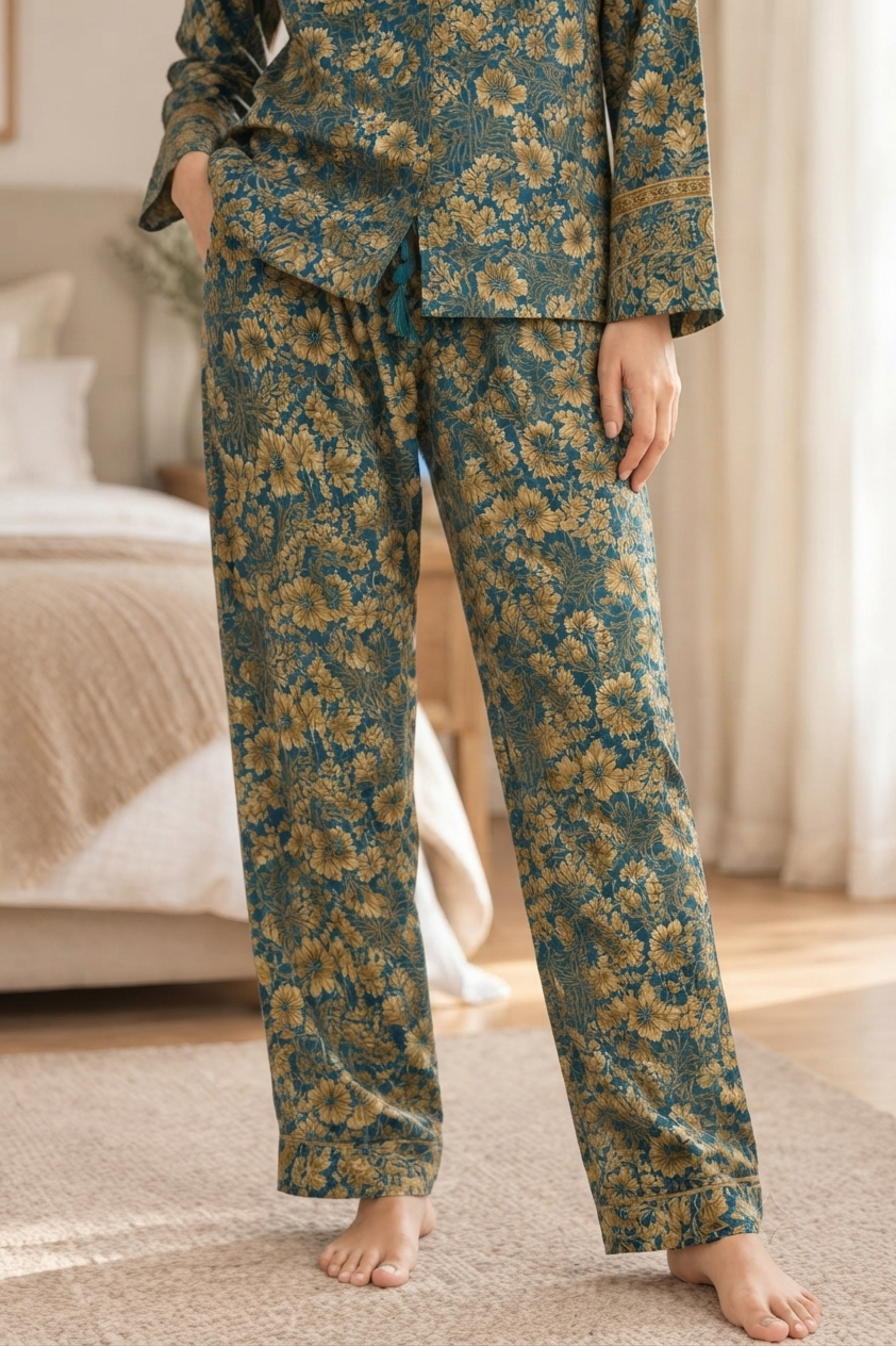 Handmade Recycled Sari Pajama Set, Boho Women's Clothing, Silk Blend Loungewear, Button Down Top, Drawstring Pants, Gift for Her