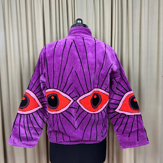 Boho Hand Embroidered Velvet Suzani Jacket | Purpel Geometric Open Front Coat Winter Wear Free Size Retro Chic Free Size Robe Blazer for Her