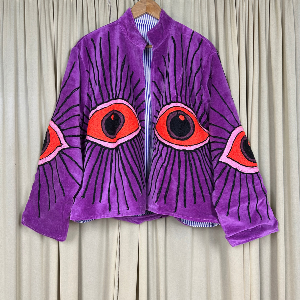 Women's Suzani embroidered Velvet Jacket in purple geometric
